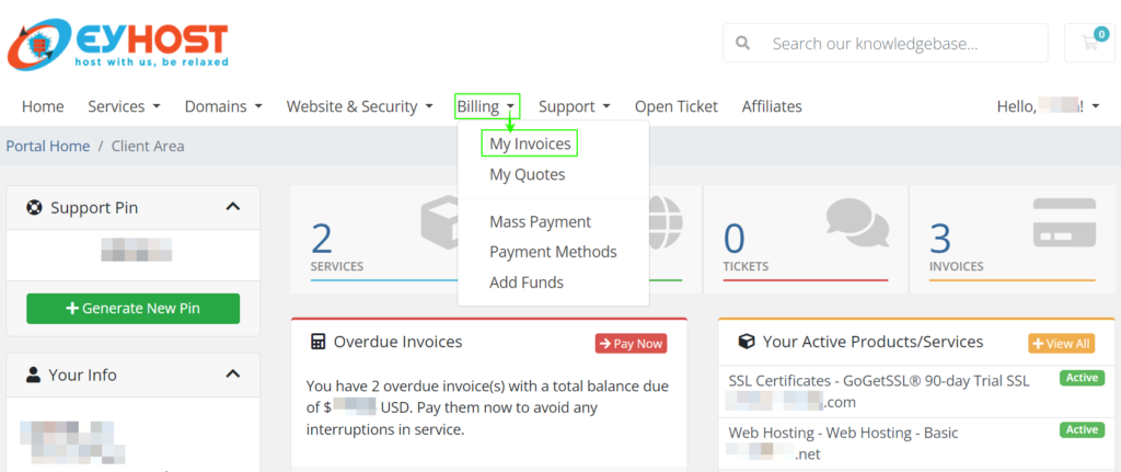 Navigate Billing > My Invoices